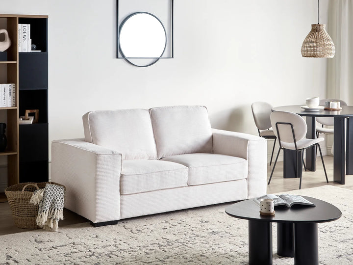 2 seater white cord sofa with minimalist legs