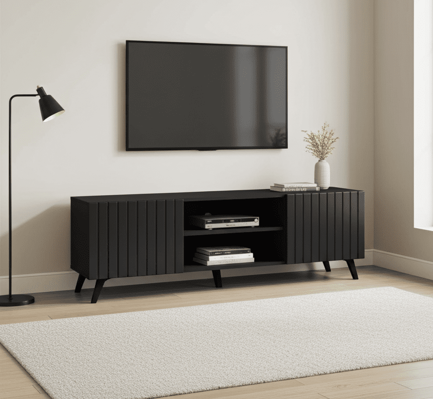 Black TV stand with a television in a modern living room.
