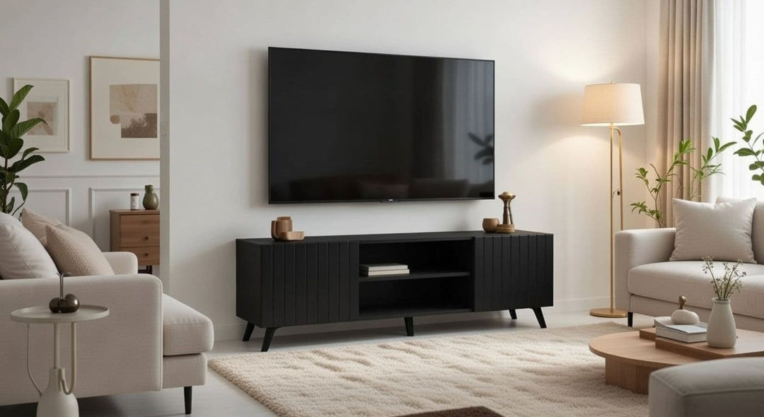 Modern living room with a black TV stand