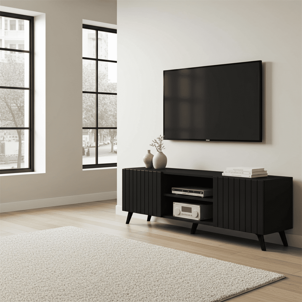 Modern living room with a black TV stand and mounted television.