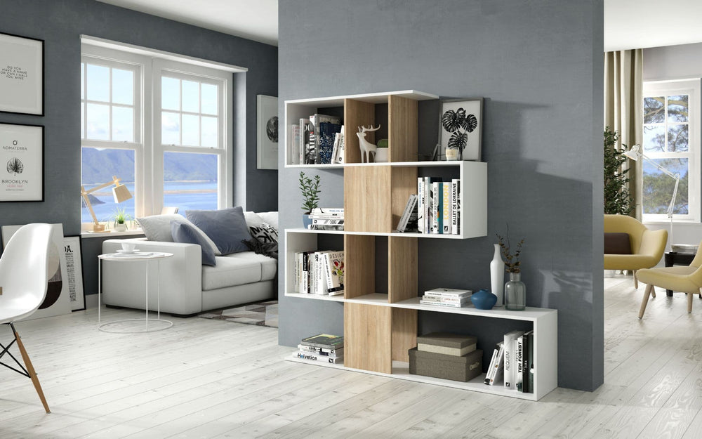 Modern white and oak shelving unit for books and decor