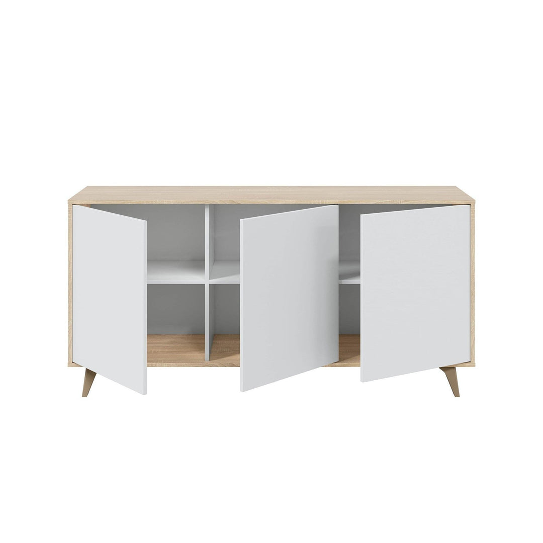 Wooden cabinet with white doors on a white background