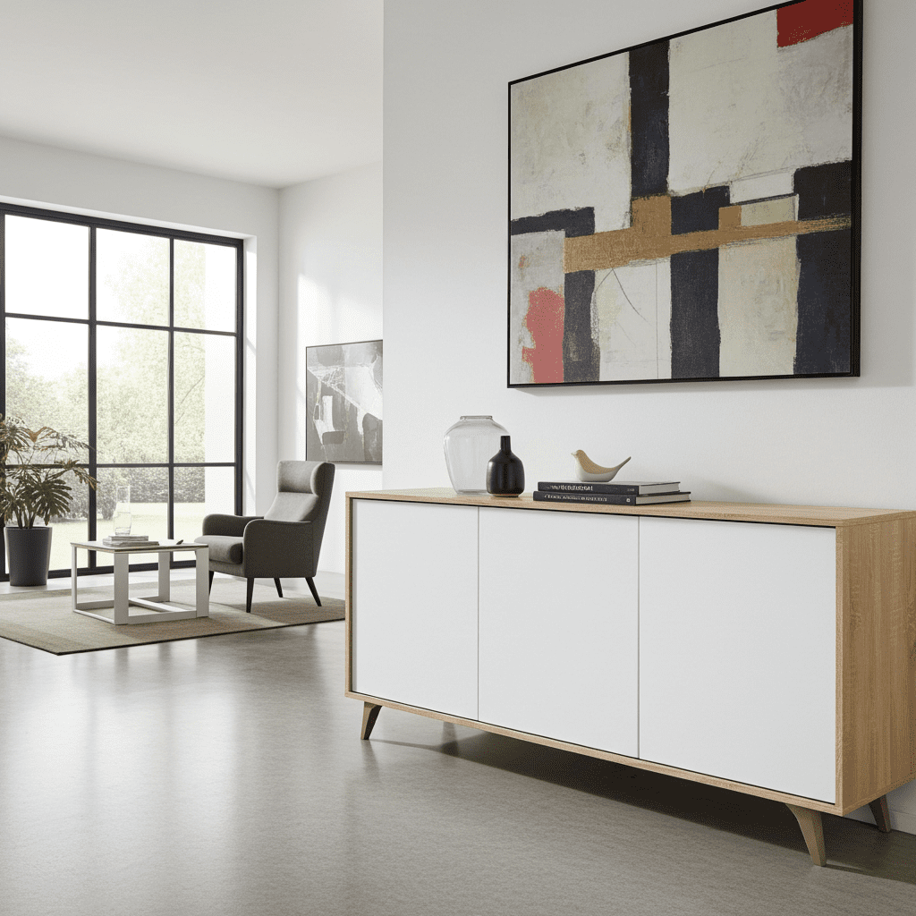 White and oak effect 3 door wide sideboard with storage compartments