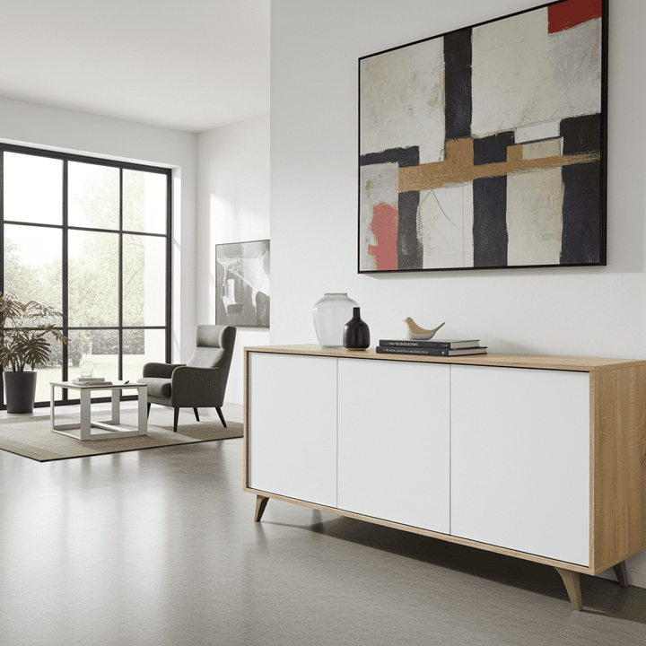 White and oak effect 3 door wide sideboard with storage compartments