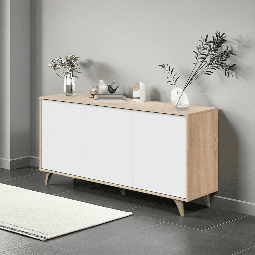 Modern sideboard with wooden and white design in a room setting.