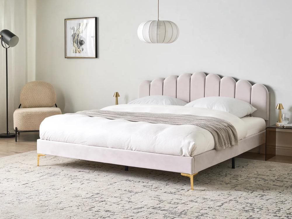 Velvet upholstered bed with adjustable headboard off-white