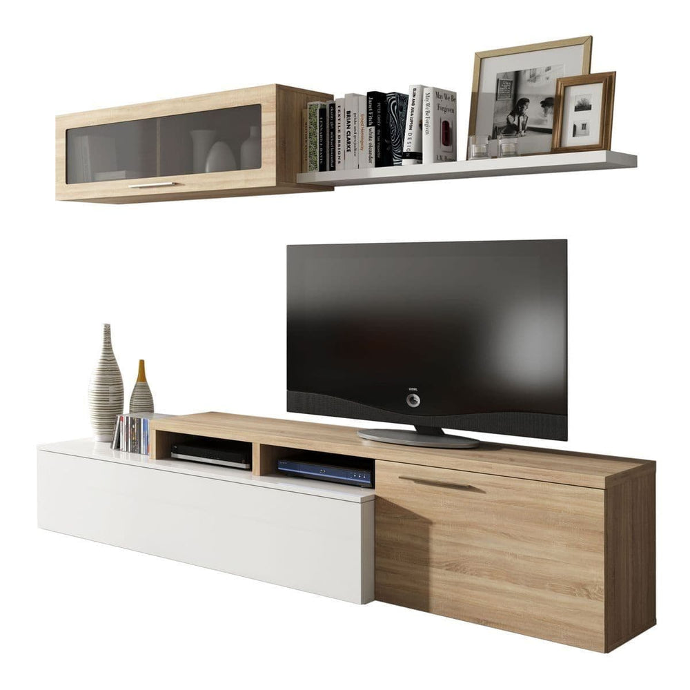 Modern TV stand with wooden and white design, featuring a television and decorative items.