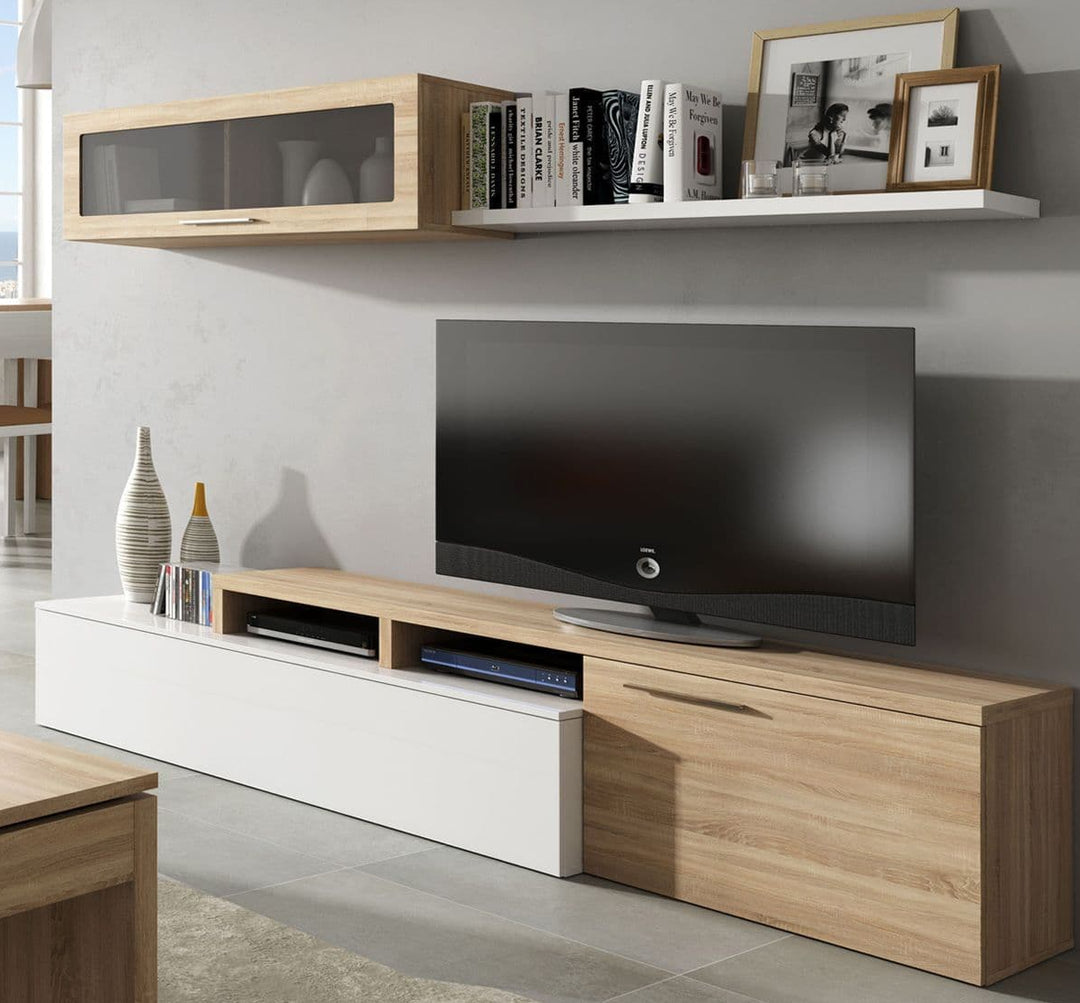 Modern living room setup with a TV on a wooden stand and shelves above.