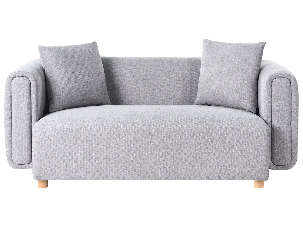 grey fabric 2 seater sofa with rounded shape and cushions