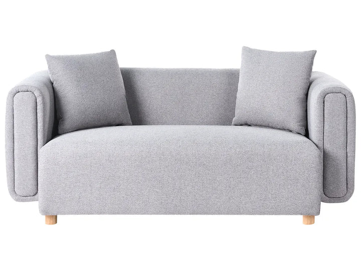 grey fabric 2 seater sofa with rounded shape and cushions