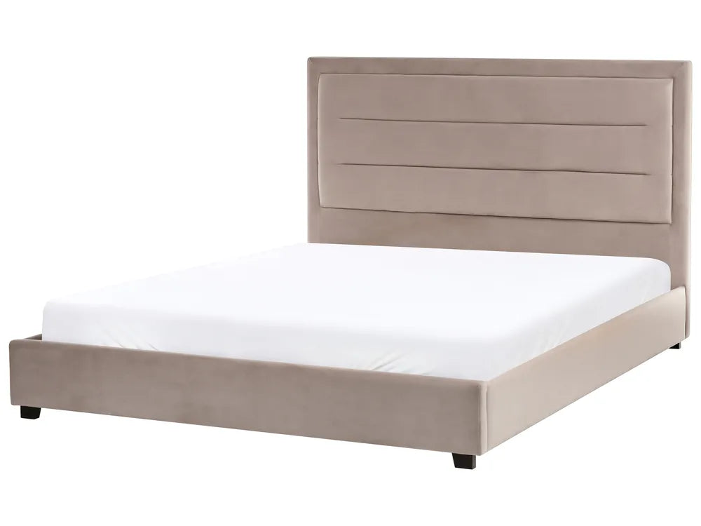 Beige bed frame with white mattress on a white background