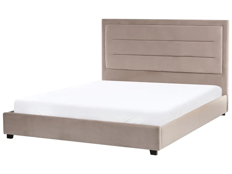 Beige bed frame with white mattress on a white background