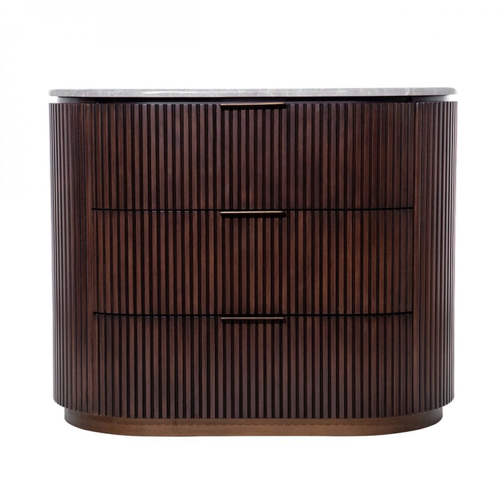 Wooden side table with a striped pattern on a white background