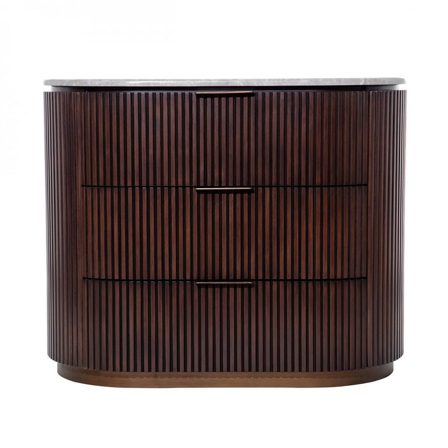 Wooden side table with a striped pattern on a white background
