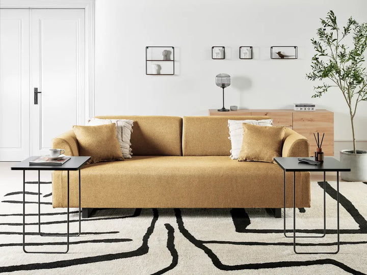 Sofa 3 Seater Fabric Mustard with Tables Quiniya