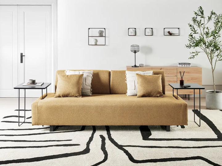 Sofa 3 Seater Fabric Mustard with Tables Quiniya
