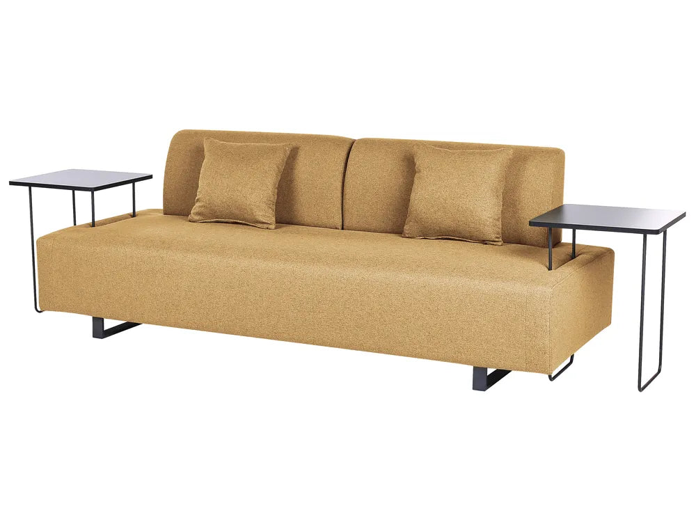 Beige sofa with two small tables on a white background