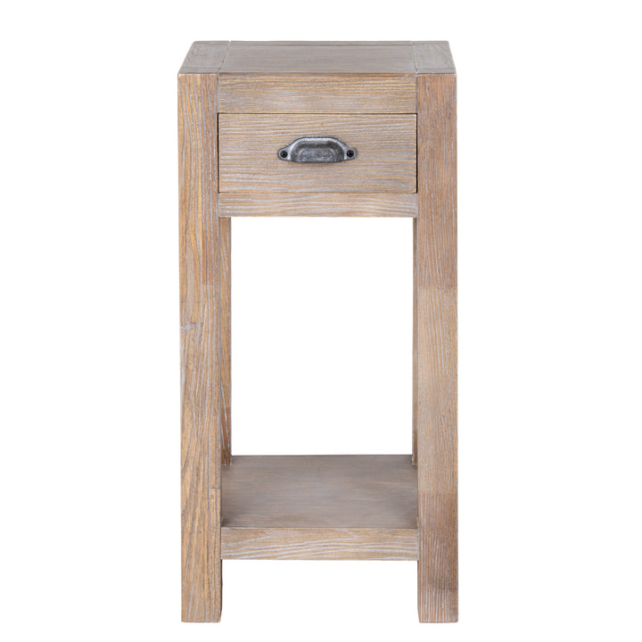 Wooden side table with a drawer and shelf on a white background