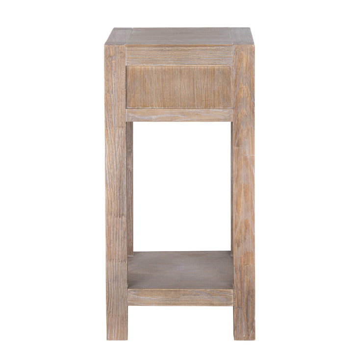 A rustic light brown wooden side table with a single drawer, open center shelf, and blocky legs, shown against a plain white background.