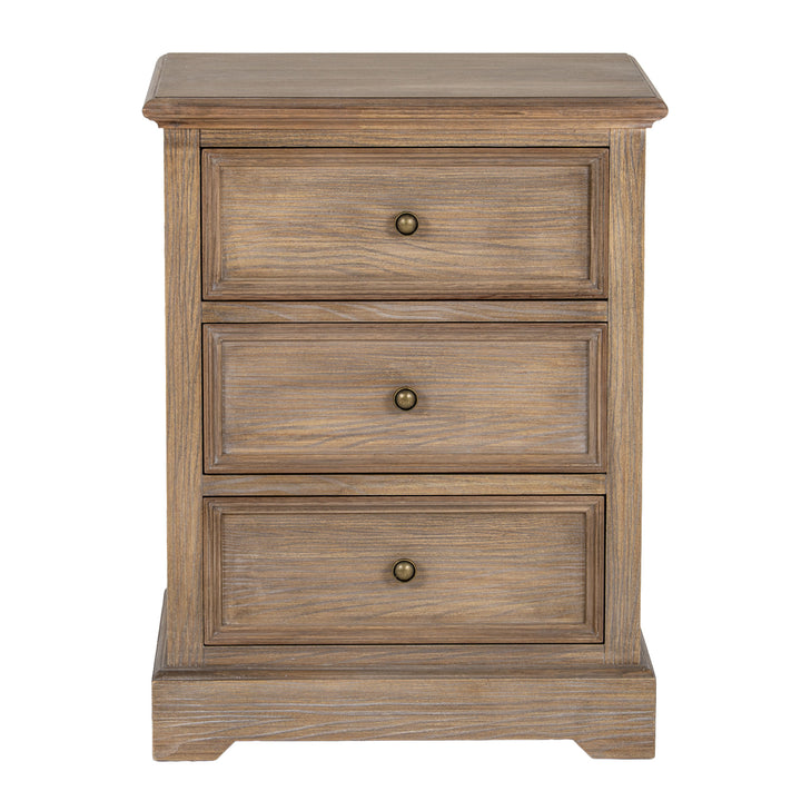 Wooden nightstand with three drawers on a white background