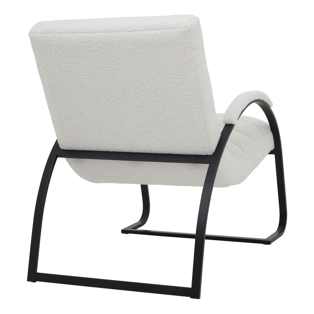 Modern chair with white cushioned seat and backrest on a black metal frame against a white background