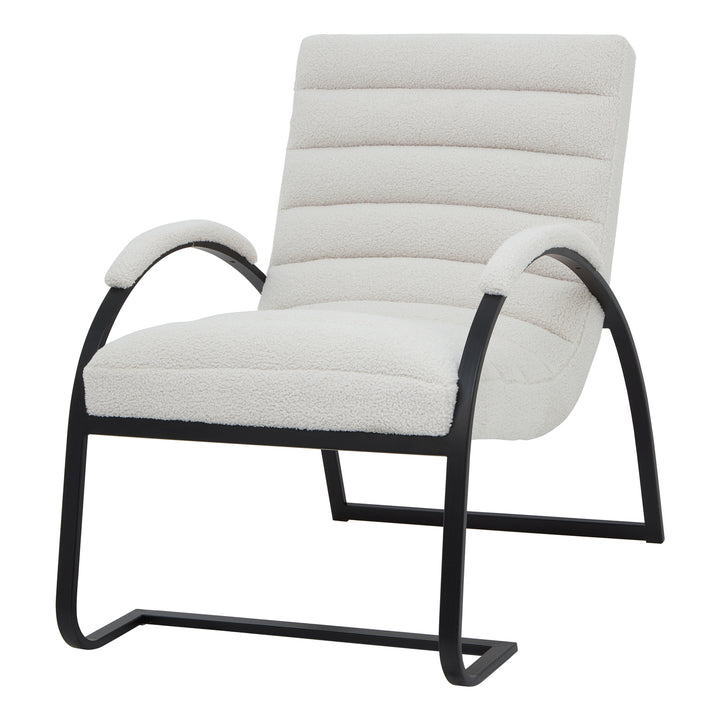 White upholstered chair with black metal frame on a white background