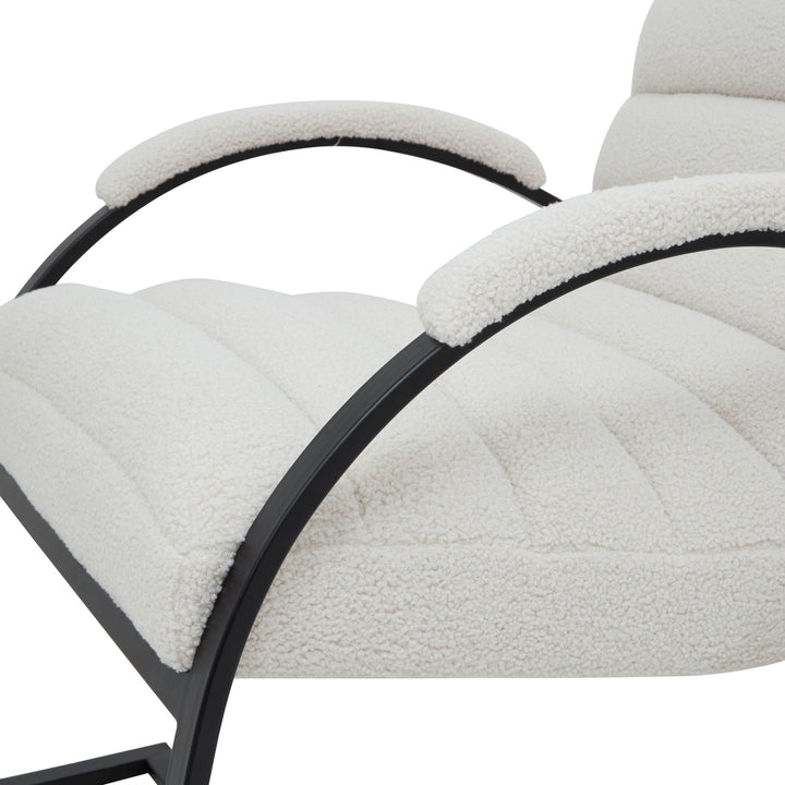 Close-up of a modern chair with white cushioned backrest and armrests on a white background