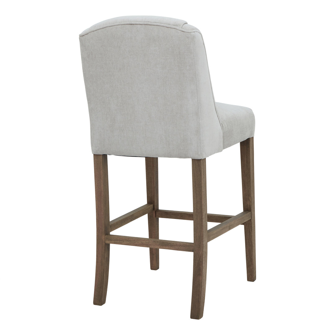 Bar stool with light gray cushioned seat and backrest on a white background