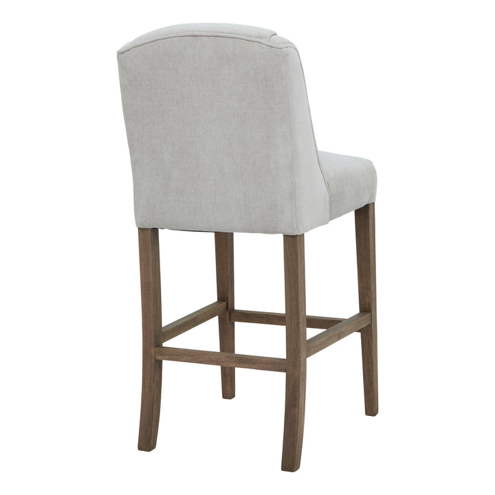 Bar stool with light gray cushioned seat and backrest on a white background