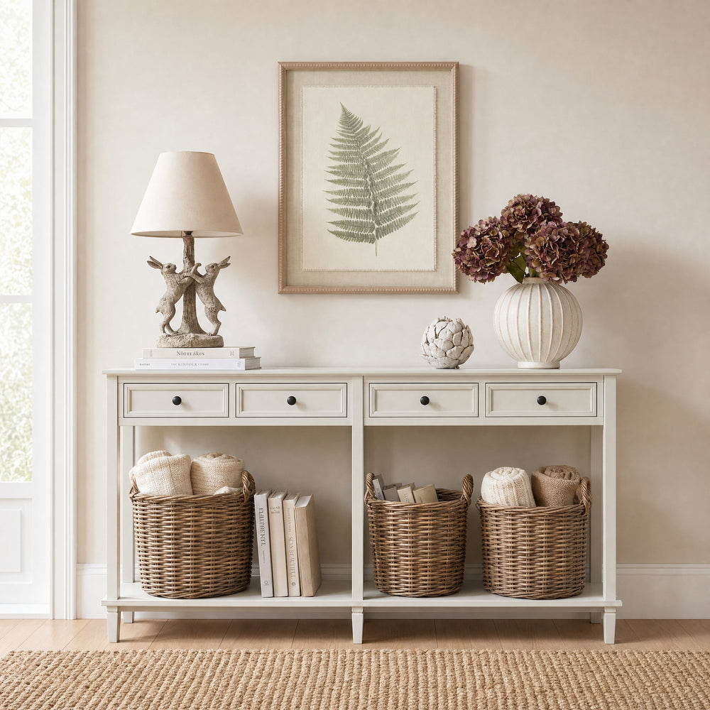 Wooden console table with four storage drawers