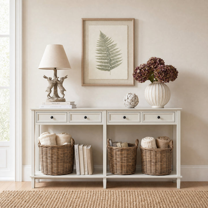 Wooden console table with four storage drawers