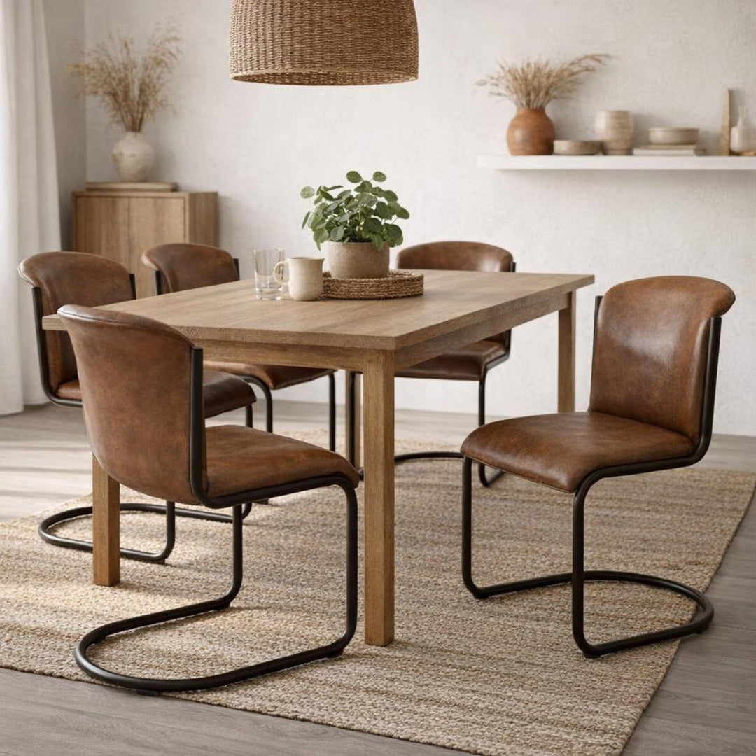 Dining room with wooden table and brown chairs on a rug