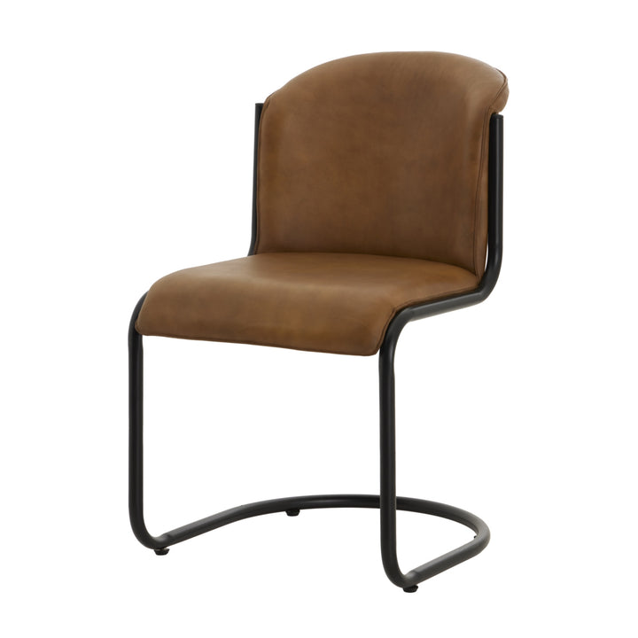 Brown leather chair with black metal frame on a white background