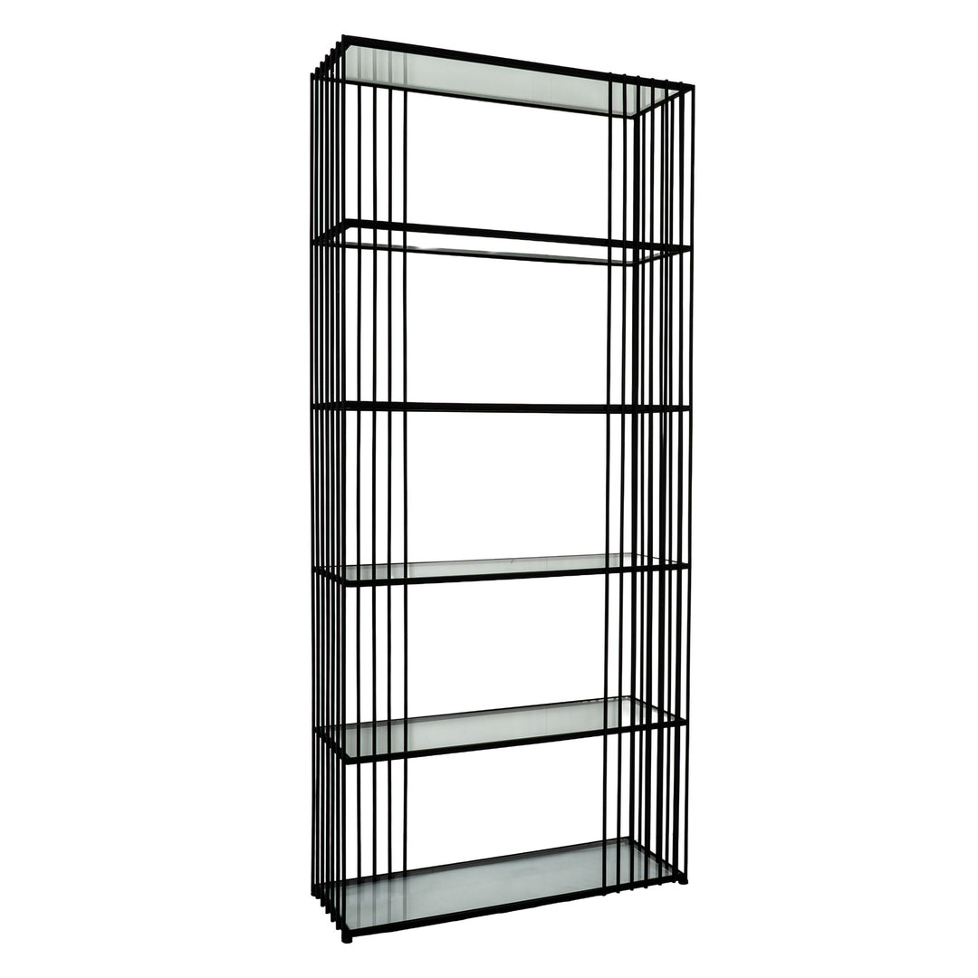 Black metal bookshelf with four shelves on a white background