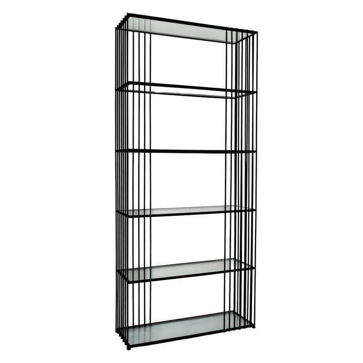 Black metal bookshelf with four shelves on a white background