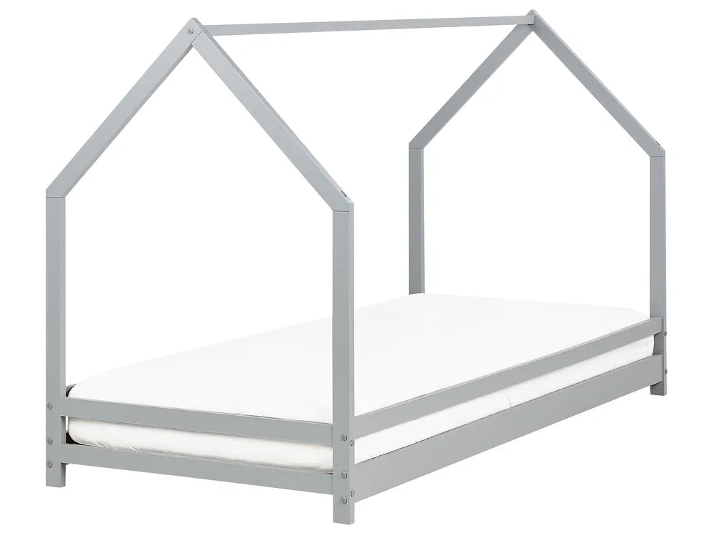 Gray house-shaped bed frame on a white background