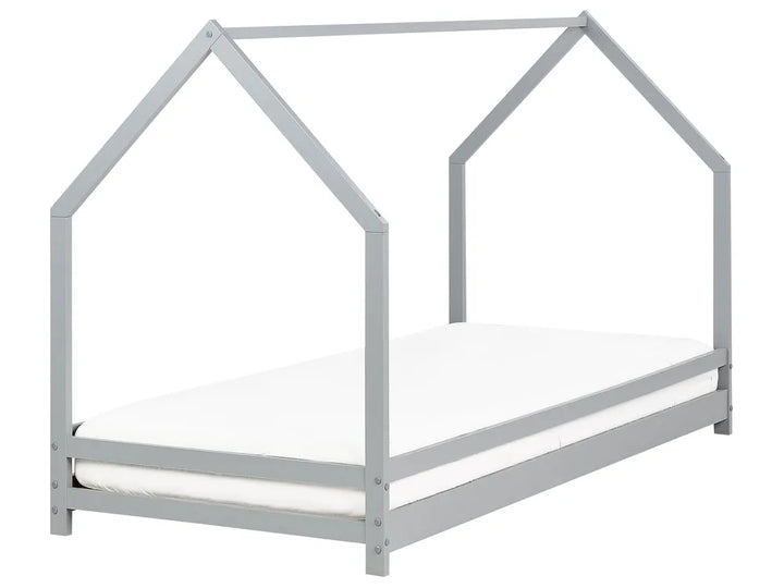 Gray house-shaped bed frame on a white background