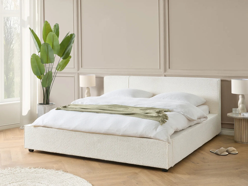Bouclé upholstered bed with soft fabric off-white
