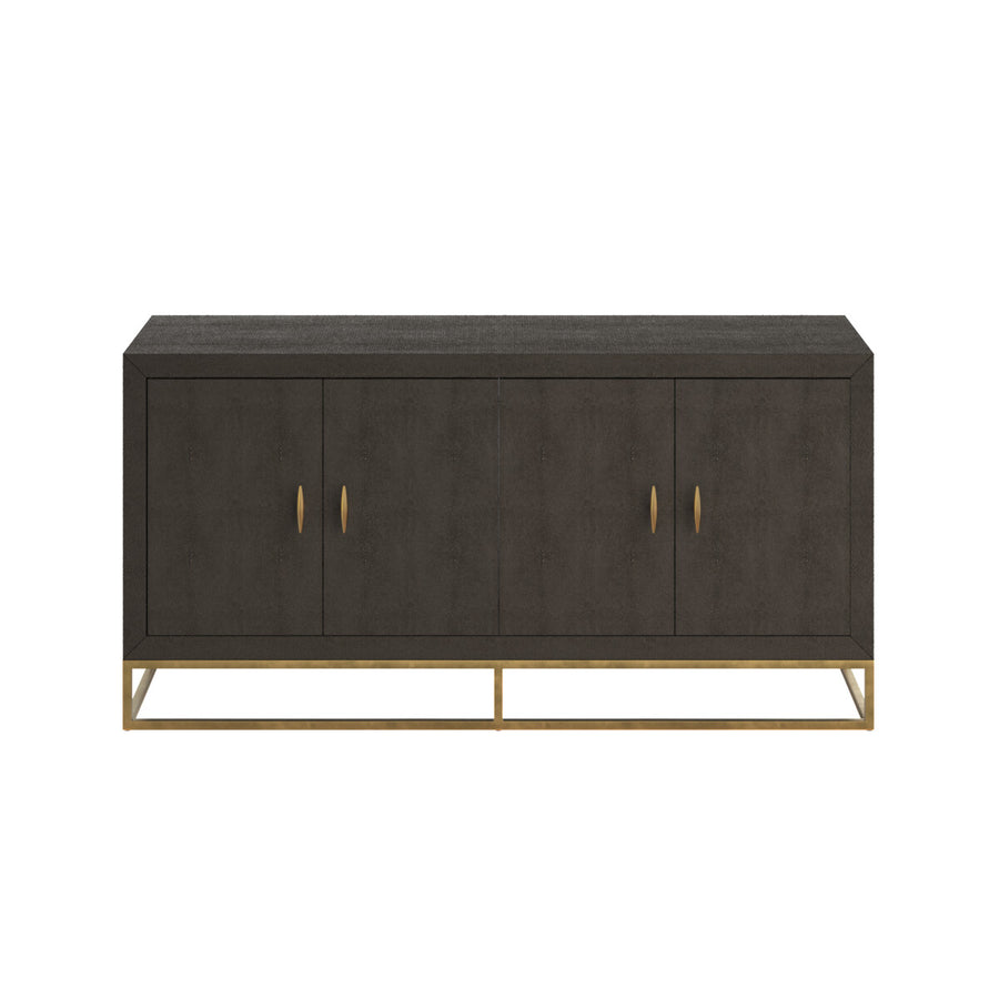 Dark brown sideboard with gold accents on a white background