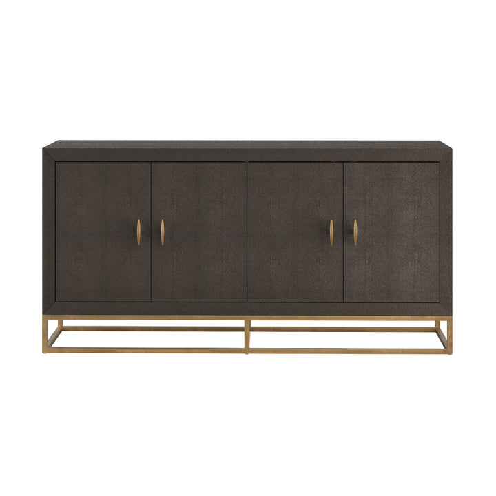 Dark brown cabinet with gold legs and handles on a white background