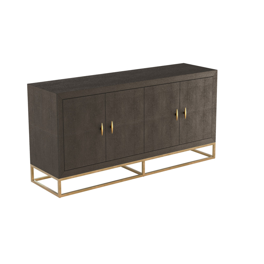 Dark brown sideboard with gold legs and handles on a white background