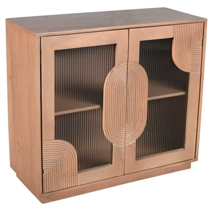 Wooden cabinet with glass doors and decorative elements on a white background