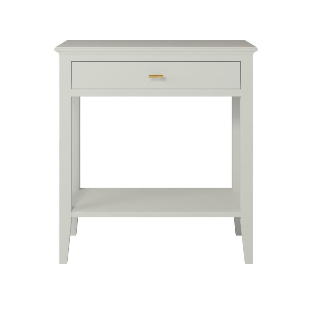 White side table with a drawer on a white background