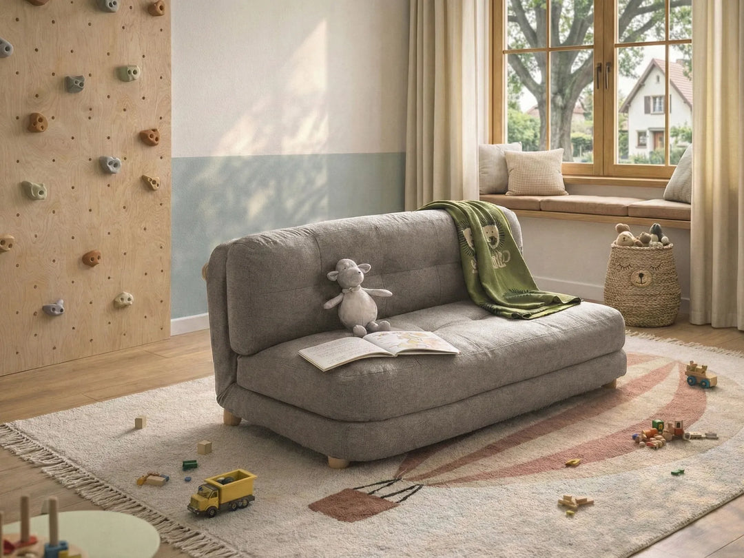 Convertible dark grey fabric loveseat with solid wood legs