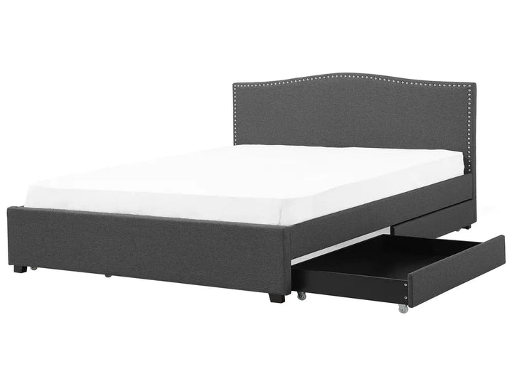Gray upholstered bed with a drawer on a white background