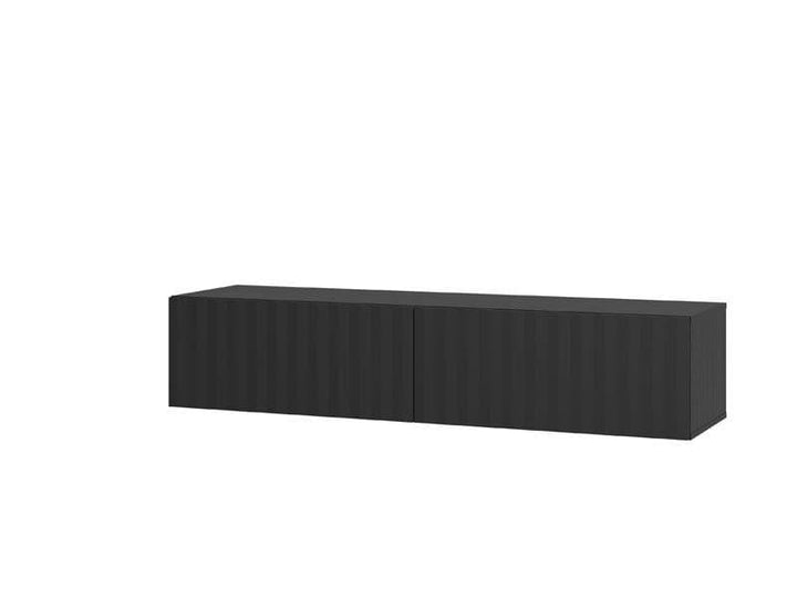 Modern living room with a black TV stand, television with white background