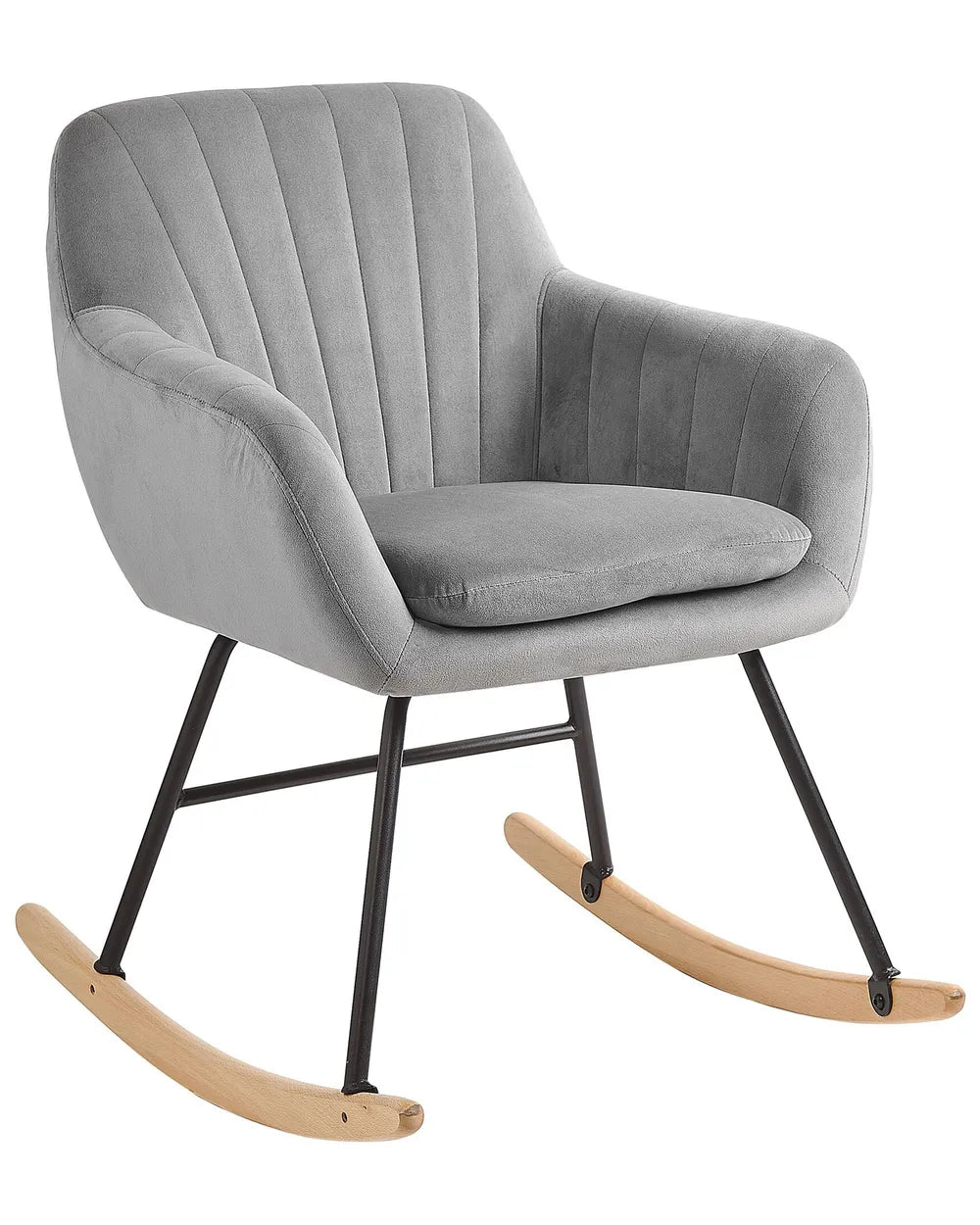 Gray rocking chair with black metal frame and wooden rocking base on a white background