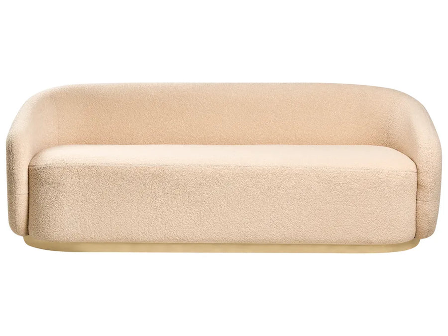 beige boucle 2 seater sofa with wide seat and minimalist design