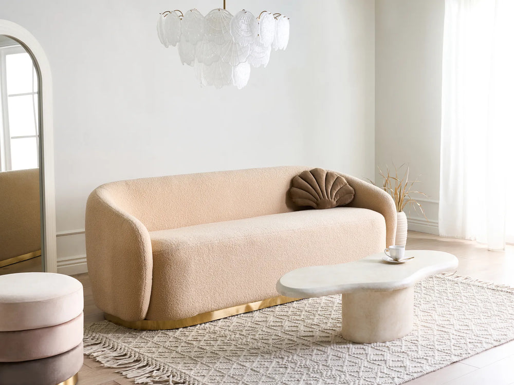 2 seater boucle sofa in beige with modern upholstered style
