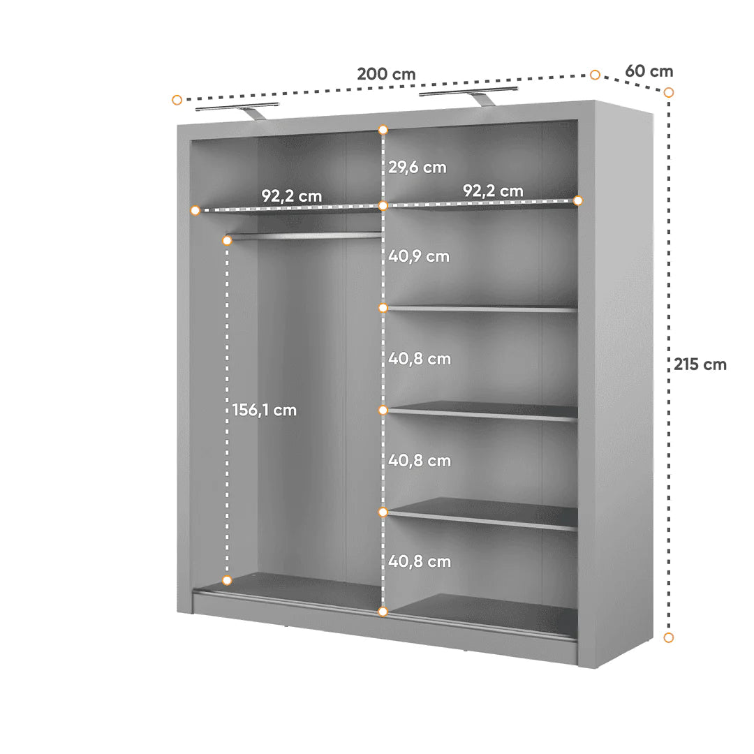 Karon Mirrored Sliding 3 Door Wardrobe 6 Shelves 2 Rails Oak San Remo Effect 200cm